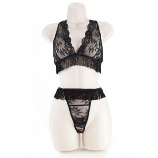 LACE BRA & G W/FRINGE  BLACK 2XL