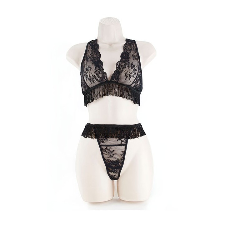 LACE BRA & G W/FRINGE  BLACK 2XL