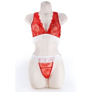 LACE BRA & G W/FRINGE  RED 2XL