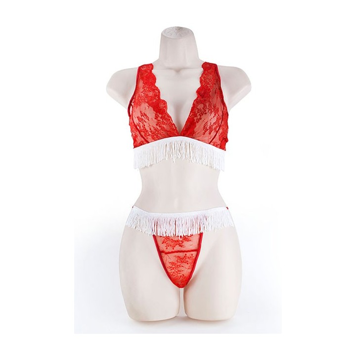 LACE BRA & G W/FRINGE  RED 2XL