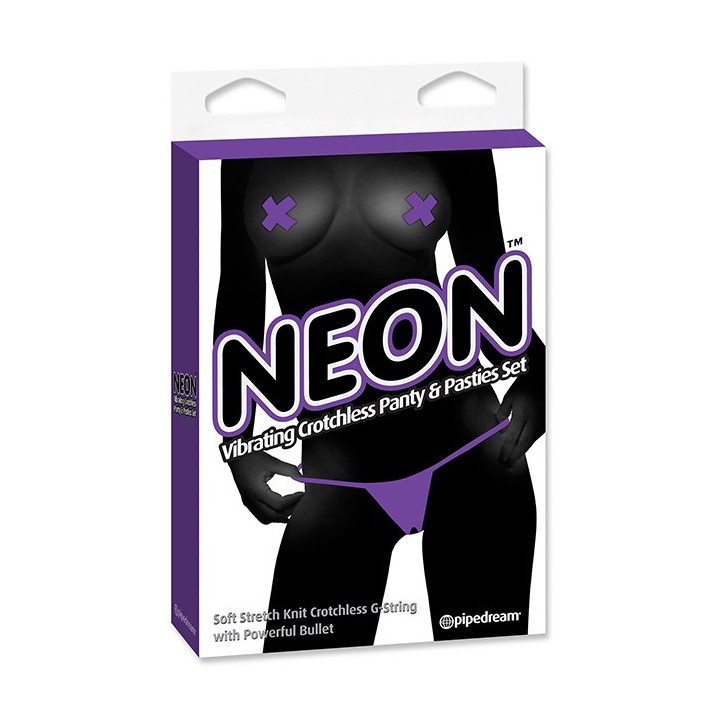NEON VIBRATING CROTCHLESS PANTY & PASTIES SET PURPLE