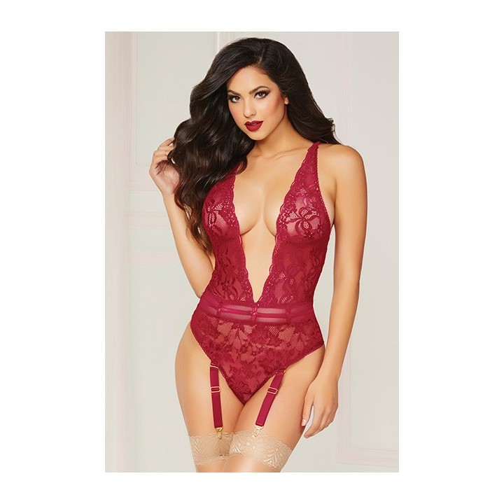 Floral Lace Teddy Wine O/S